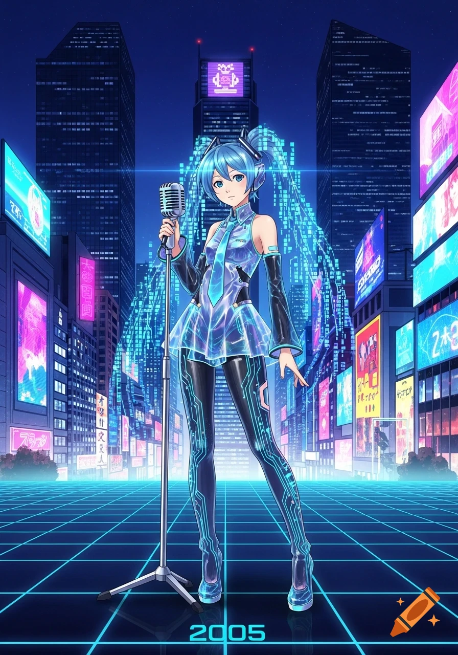 An anime girl with blue pigtails and a futuristic translucent outfit sings into a microphone on a neon-lit cyberpunk city street with '2005' at the bottom.