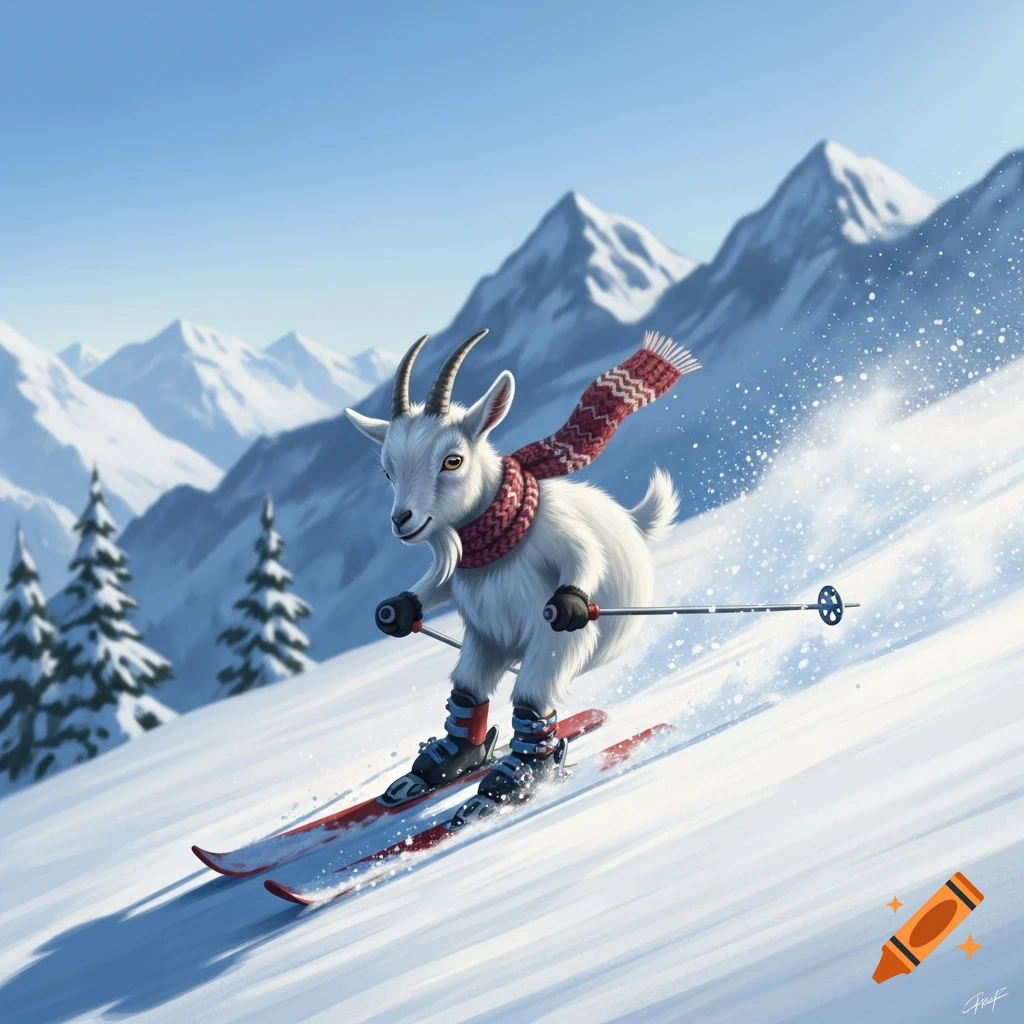 A cartoon white goat wearing a red scarf skis down a snowy mountain slope, with pine trees and mountains in the background.