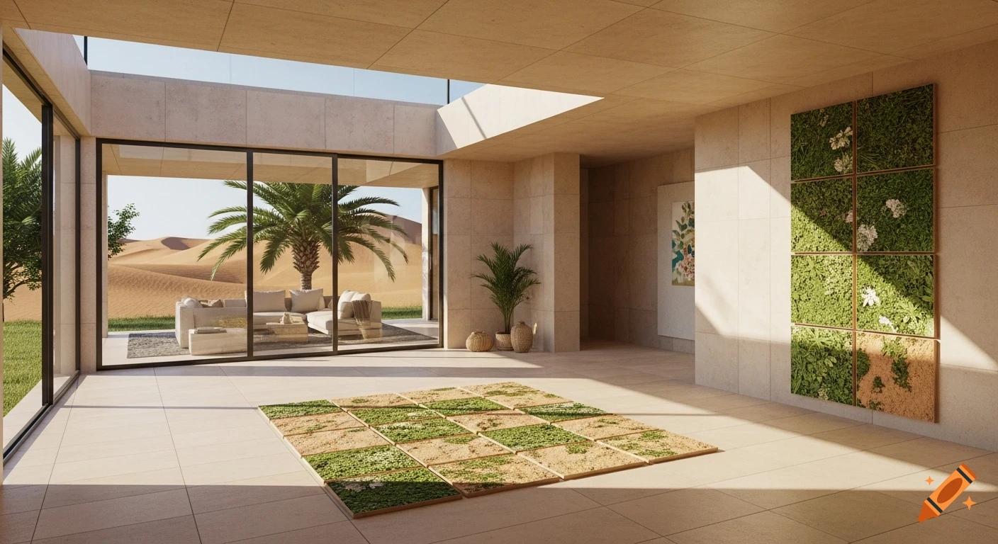 Modern desert villa interior with large windows, indoor plants, a moss art wall, and green patterned floor tiles, overlooking sand dunes.