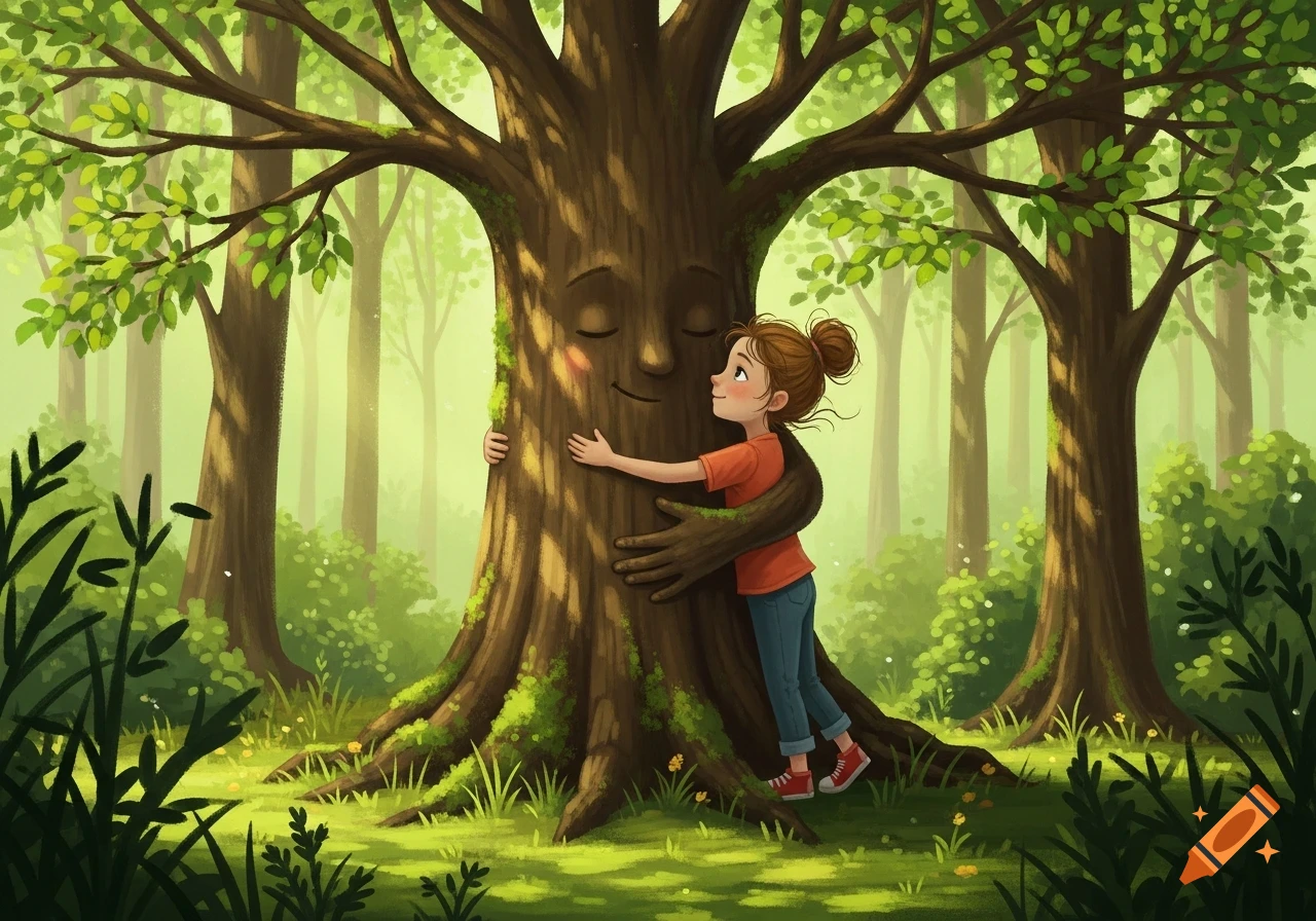 A cartoon girl hugs a smiling tree with branch arms in a lush green forest, in a children's book illustration style.