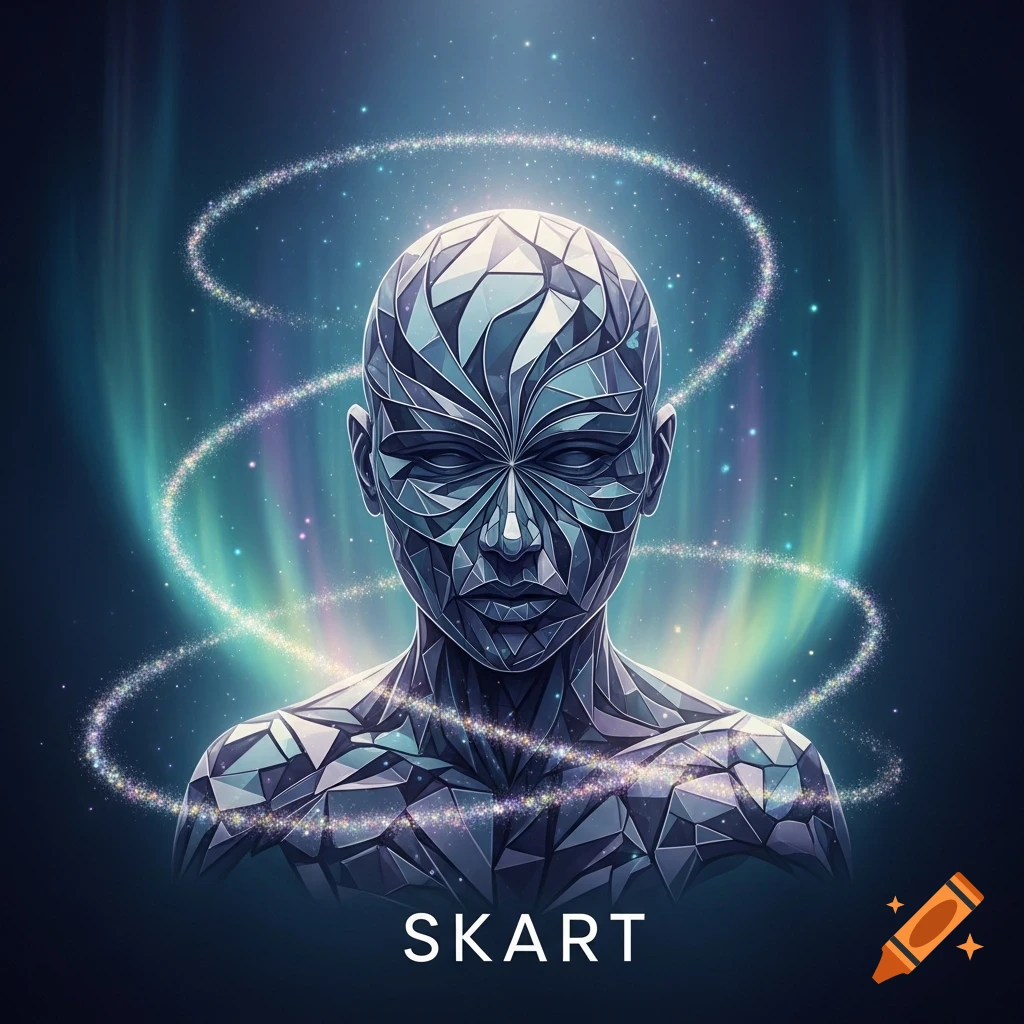 A glowing, crystalline human figure with a geometric face and torso, surrounded by sparkling light, against a cosmic blue-green background. Text says SKART.