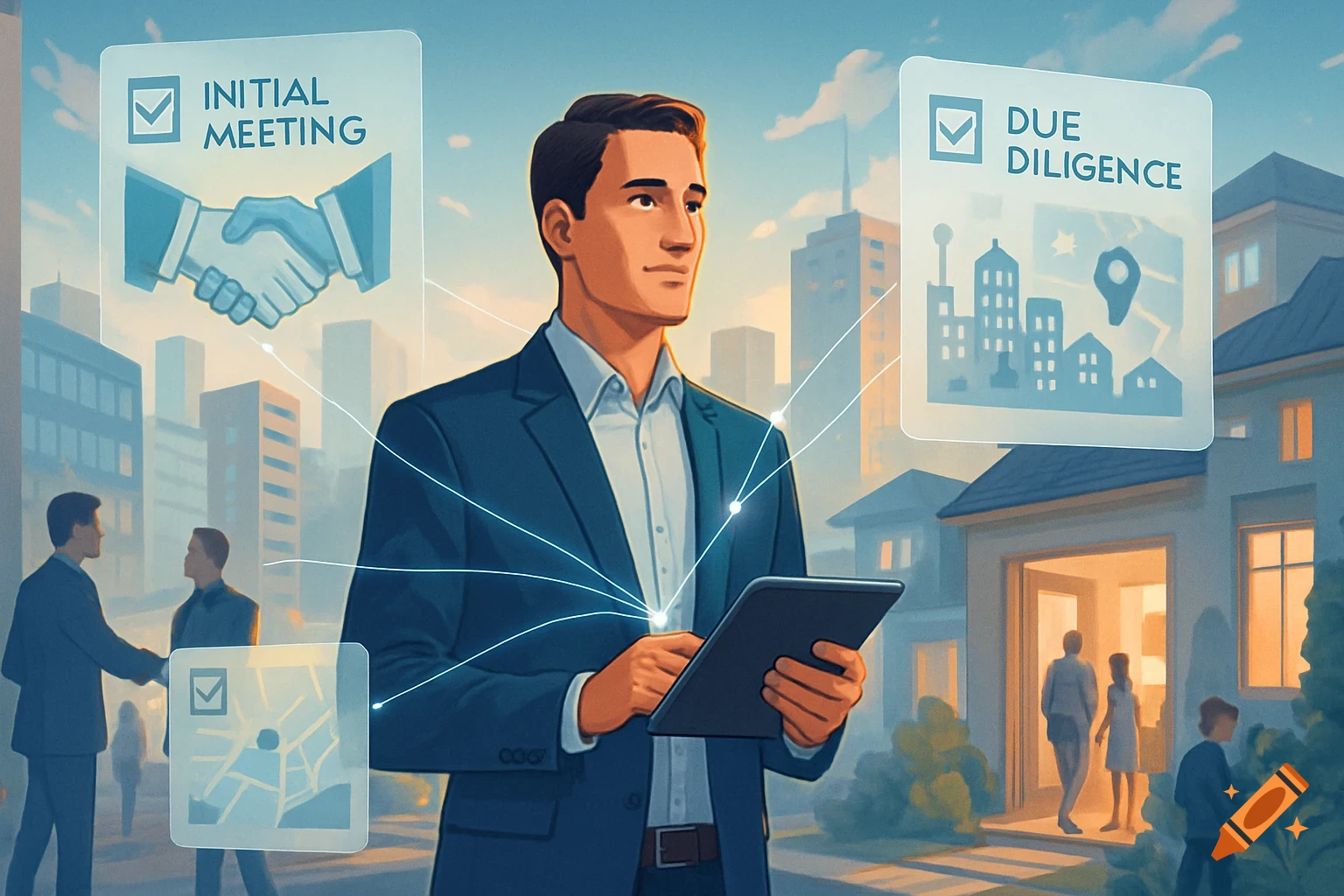 A stylized illustration of a businessman holding a tablet, with floating icons for 'Initial Meeting' and 'Due Diligence' over a city and suburban background.