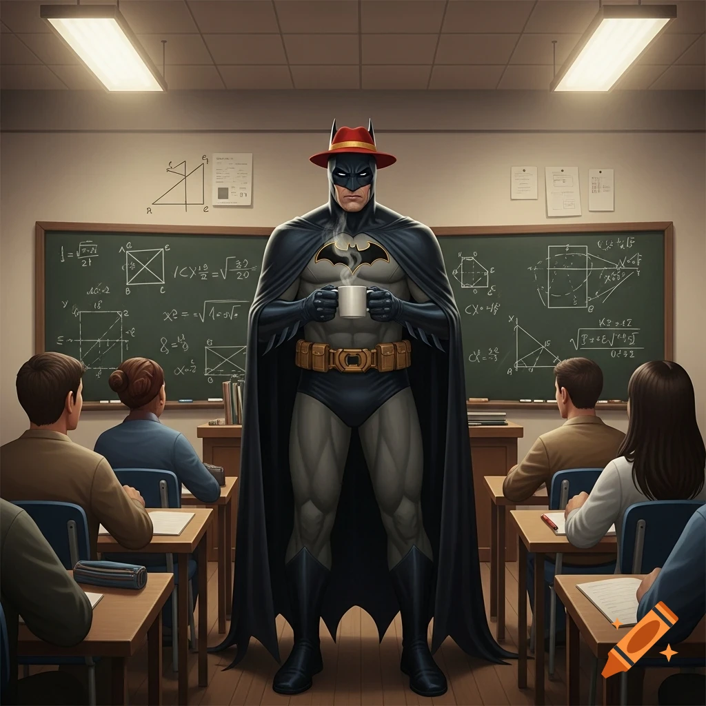 Batman, wearing a red hat, stands in a classroom holding a steaming coffee cup, facing students with math equations on the blackboard.