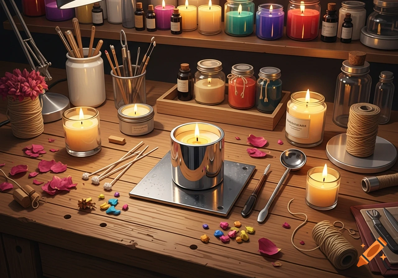 A photorealistic still life of a candle-making workbench, featuring burning candles, tools, wax, essential oils, and rose petals.