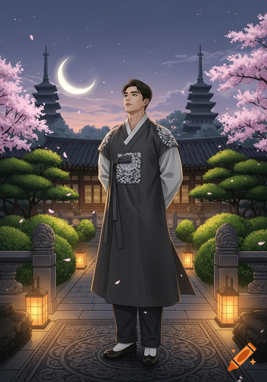 Illustrated Korean man in traditional hanbok, standing in a moonlit garden with pagodas and cherry blossoms.