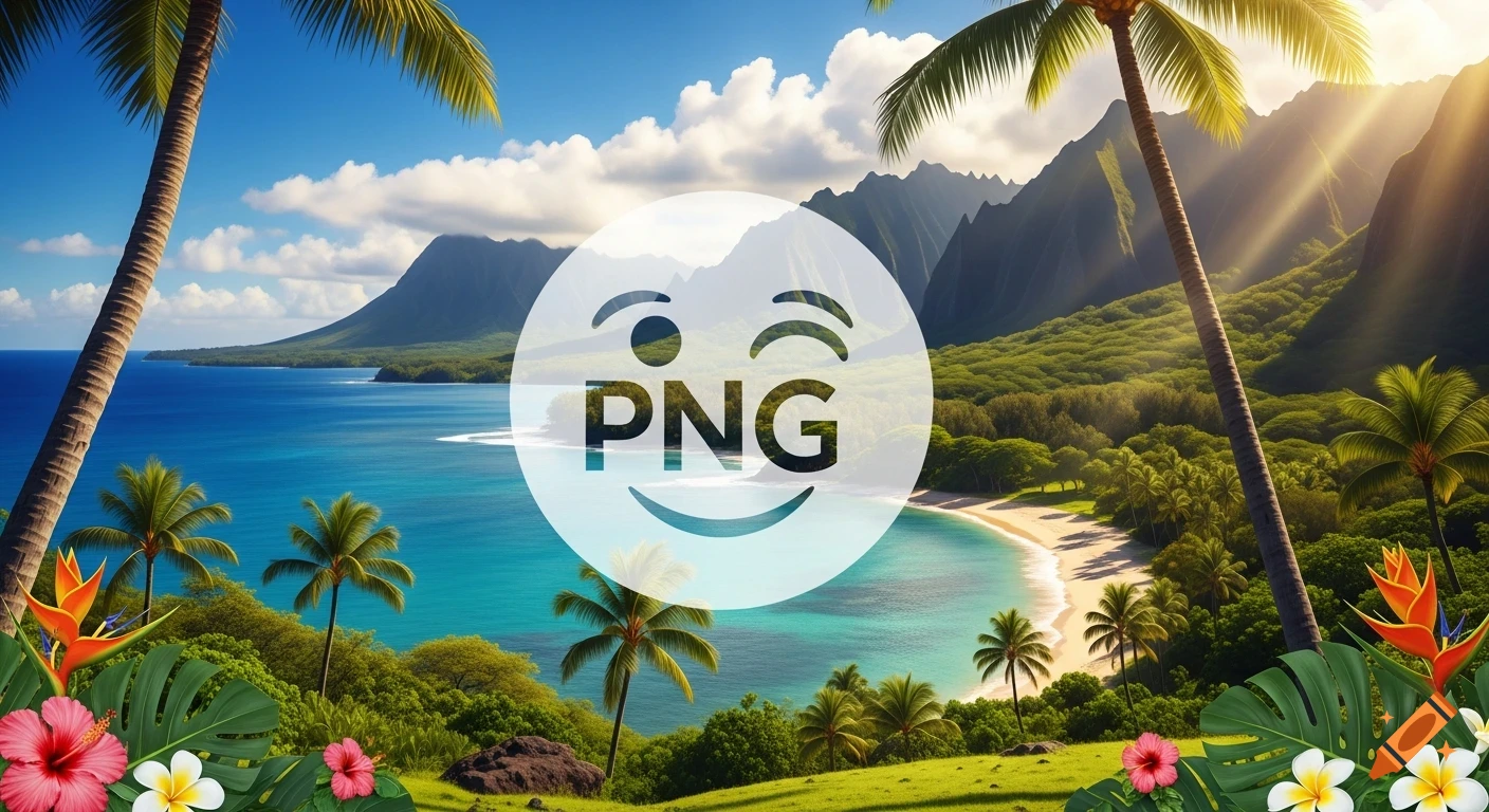 A vibrant tropical landscape features a sandy beach, clear blue ocean, lush green mountains, and palm trees under a bright sky. A large white winking emoji with 'PNG' text is overlaid in the center.
