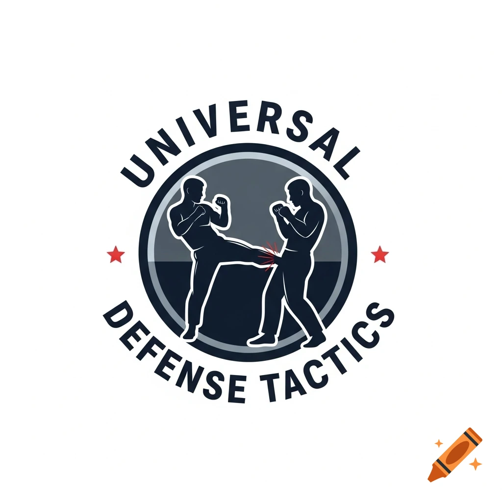 A circular logo with two dark silhouettes, one kicking the other, with red accent. Text reads UNIVERSAL DEFENSE TACTICS.