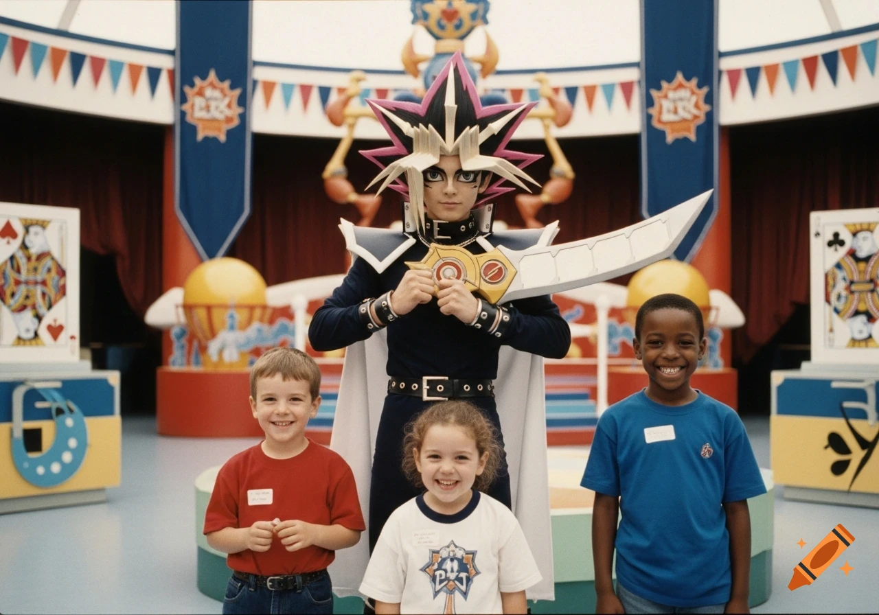 A child in a Yugi Muto costume poses with three smiling children at a colorful Yu-Gi-Oh! theme park, in a vintage style.