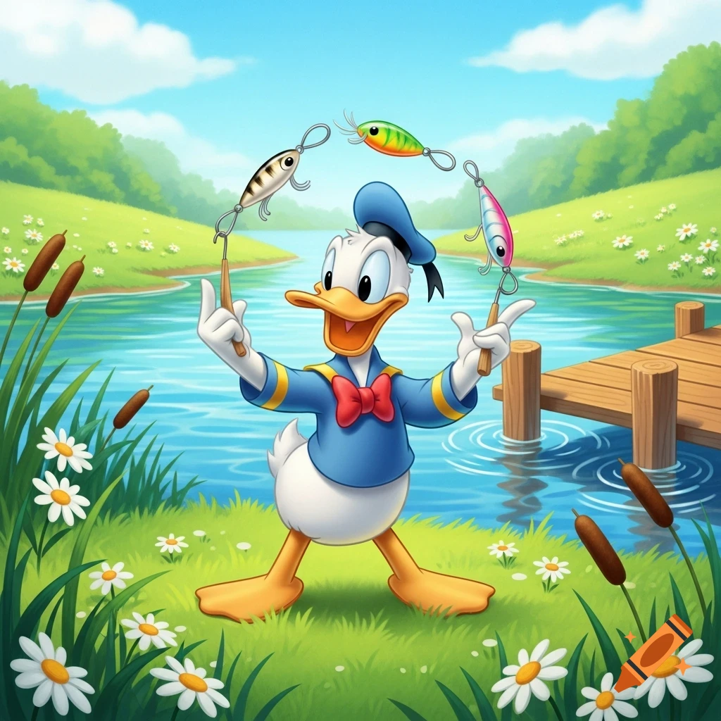 Donald Duck stands by a lake, holding fishing lures, with a wooden dock, green hills, and daisies in a bright cartoon style.