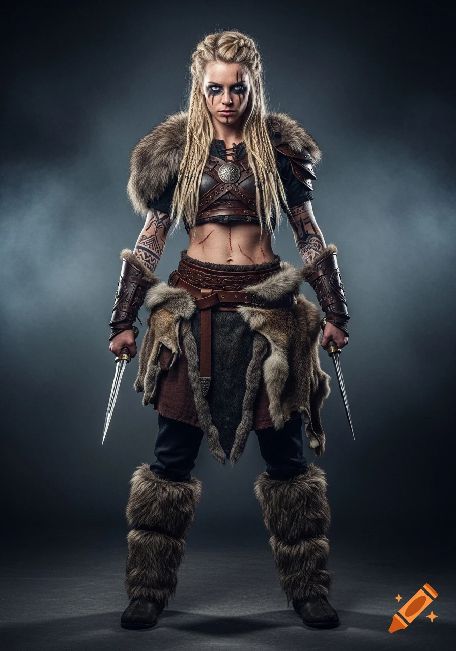 A fierce blonde Viking warrior with war paint and runic tattoos, dressed in leather and fur armor, holding two daggers.