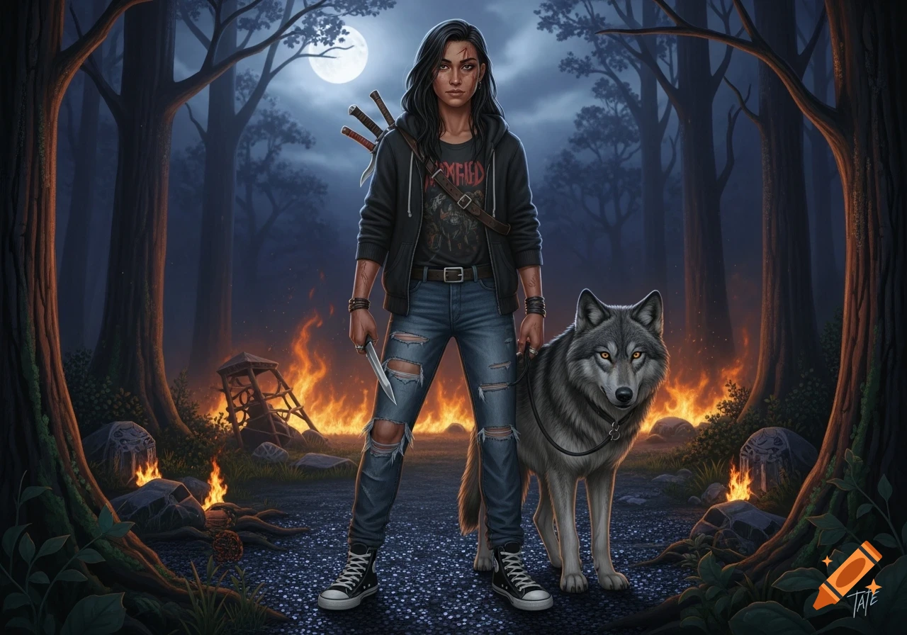 A dark-haired woman with a knife and a gray wolf stand in a burning forest under a full moon.