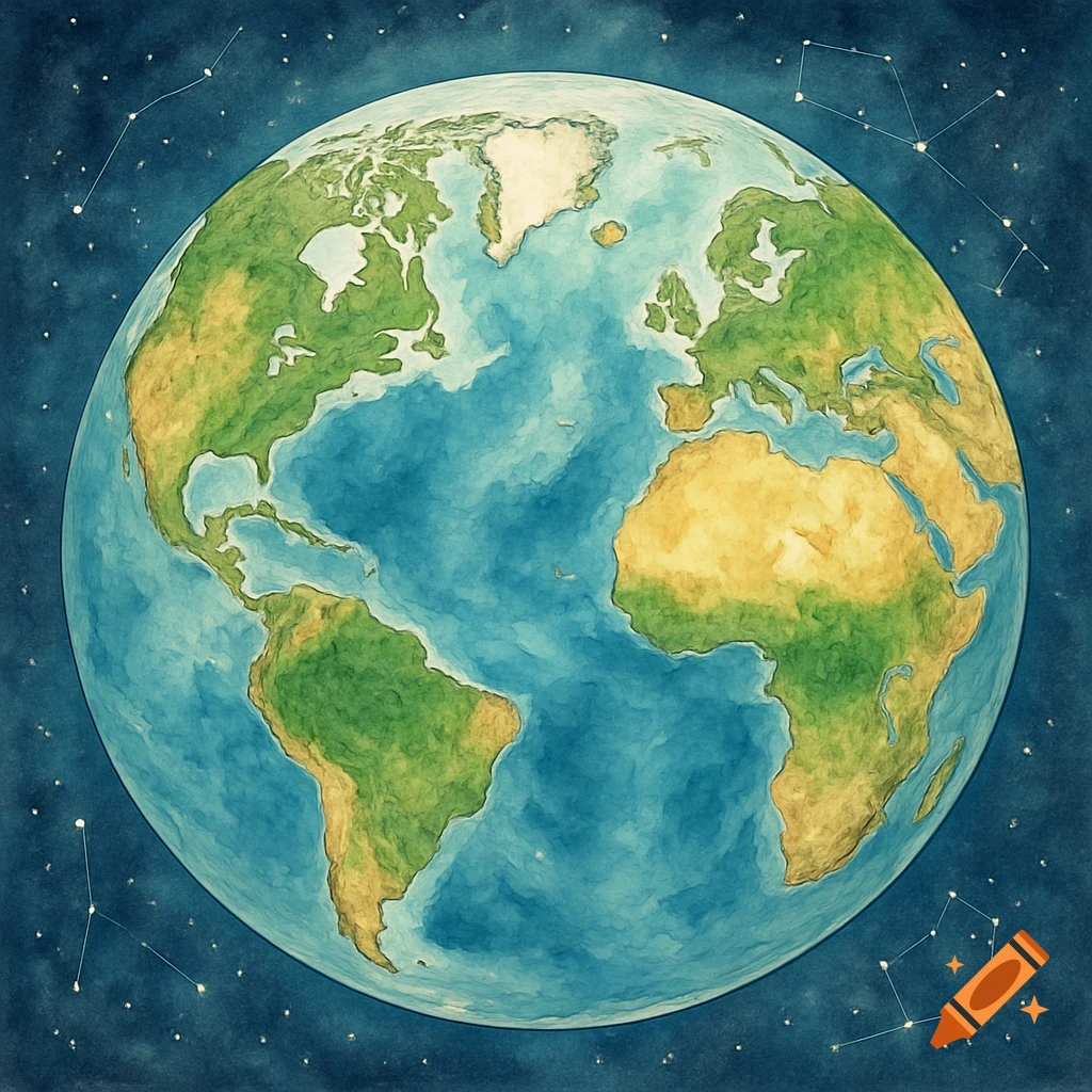 Stylized watercolor painting of Earth showing continents and oceans, surrounded by stars and constellations.