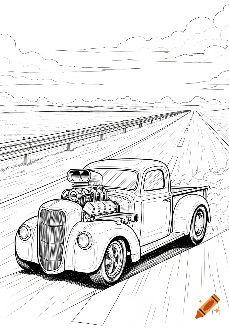 A black and white coloring page illustration of a classic hot rod pickup truck with velocity stacks, speeding down a highway.