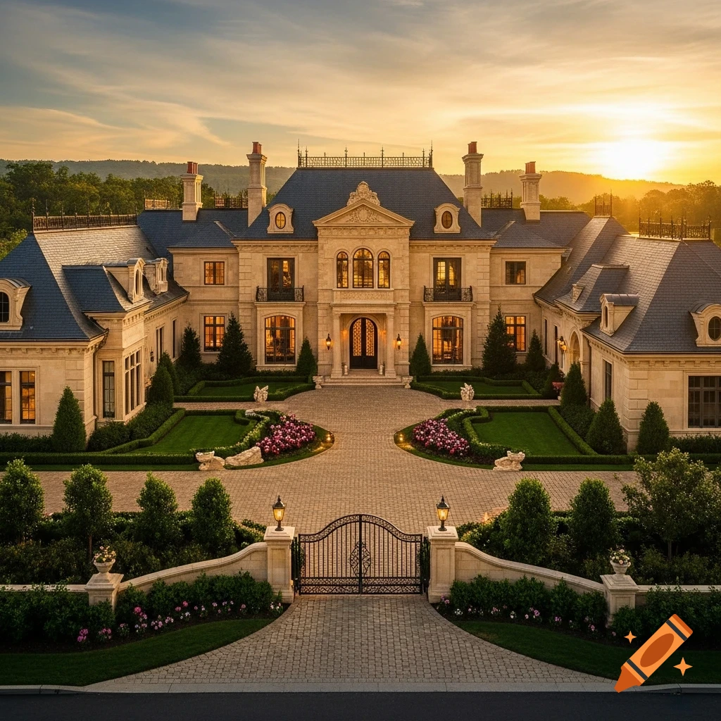 A grand, luxurious mansion with intricate architecture, manicured gardens, and a paved driveway leading to an ornate gate, set against a vibrant sunset.