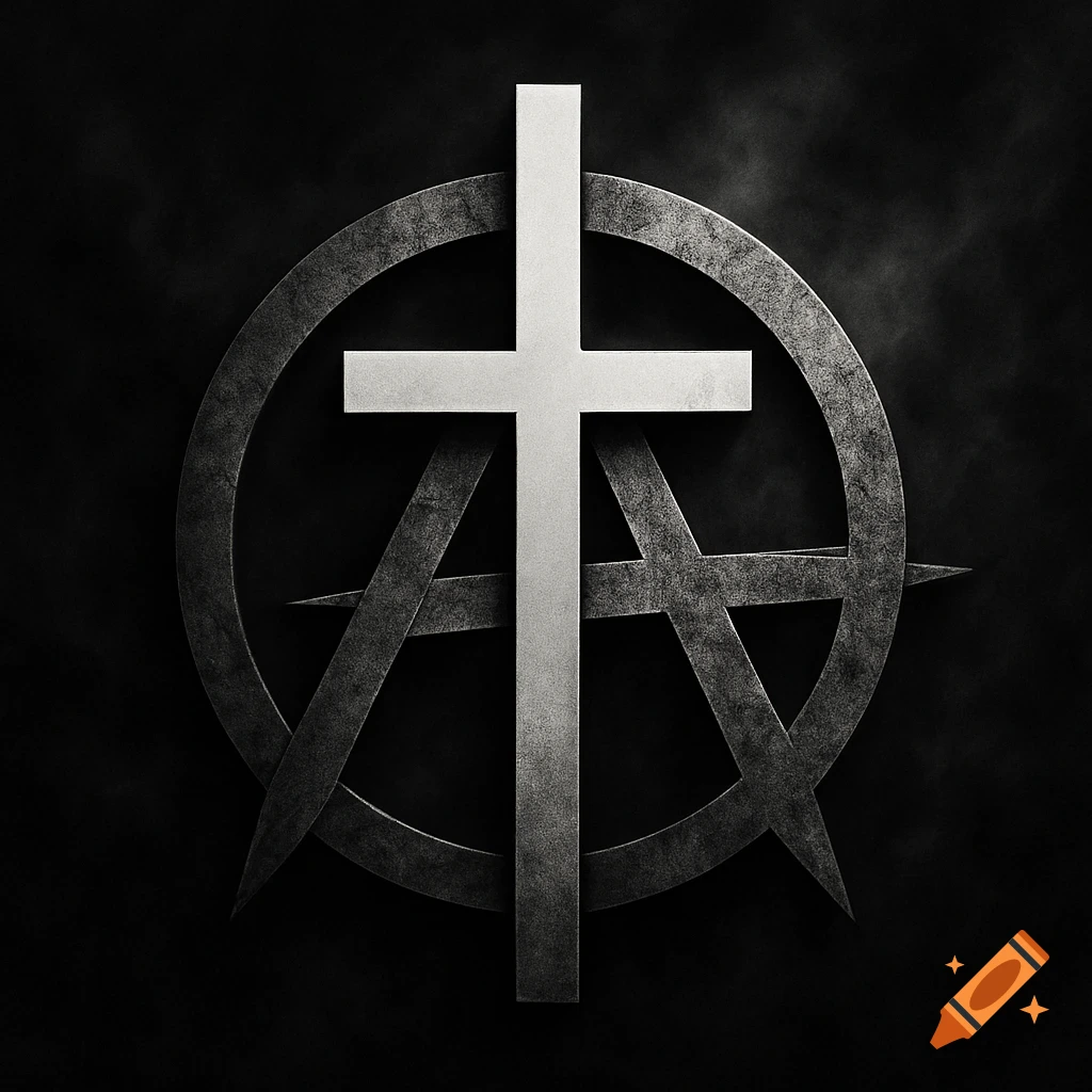 A silver Christian cross overlaps a dark, textured anarchy symbol on a black background.