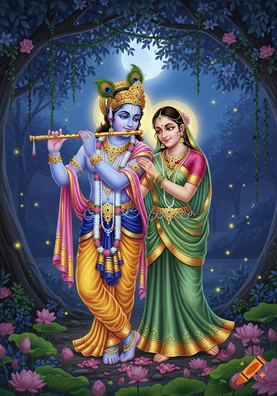 Krishna playing flute with Radha in a magical forest at night with lotus flowers, in a colorful traditional devotional art style.