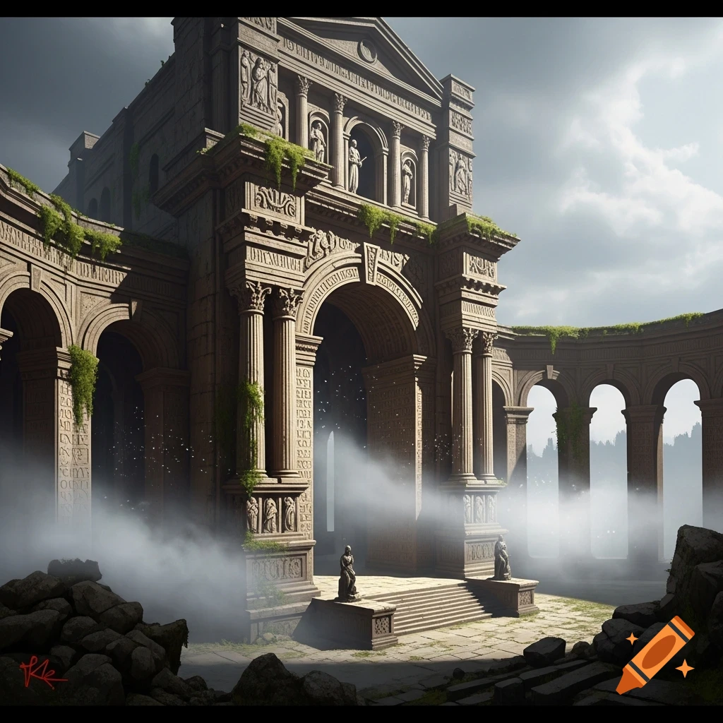 An ancient, ornate stone temple or ruins partially shrouded in mystical mist under a cloudy sky.