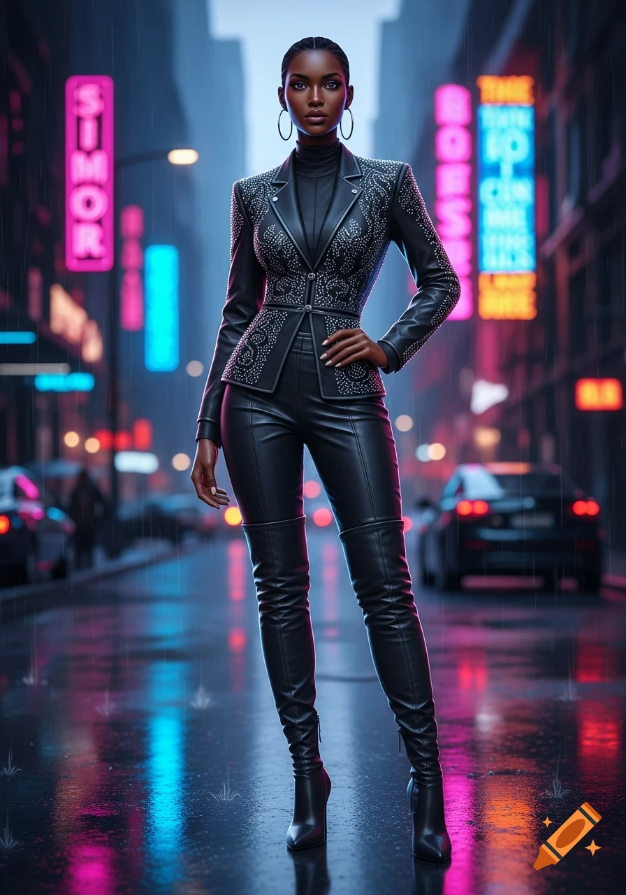 Lean Black woman in a black studded leather jacket and over-the-knee boots on a wet city street at night with neon lights.