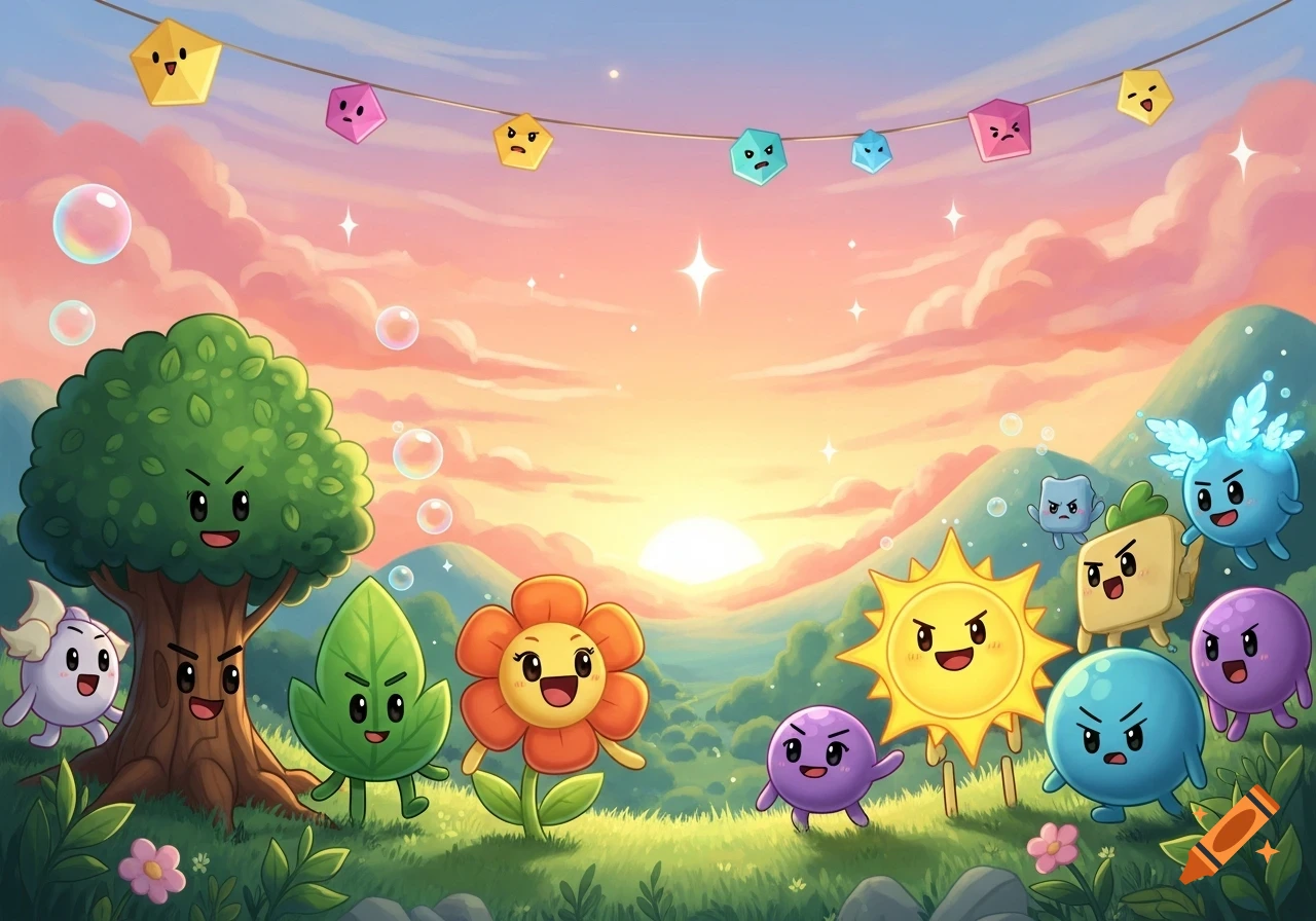 Cartoon landscape with cute animated tree, leaf, flower, sun, and blob characters in a grassy field with a sunset and hanging geometric shapes.