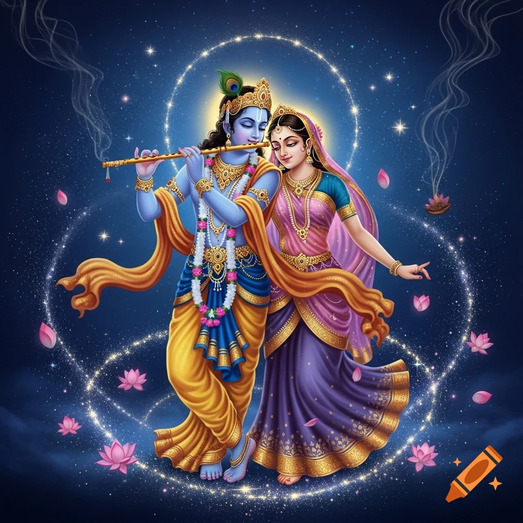 Illustrative depiction of Radha and Krishna, with Krishna playing a flute against a dark blue starry background with glowing halos and lotus flowers.
