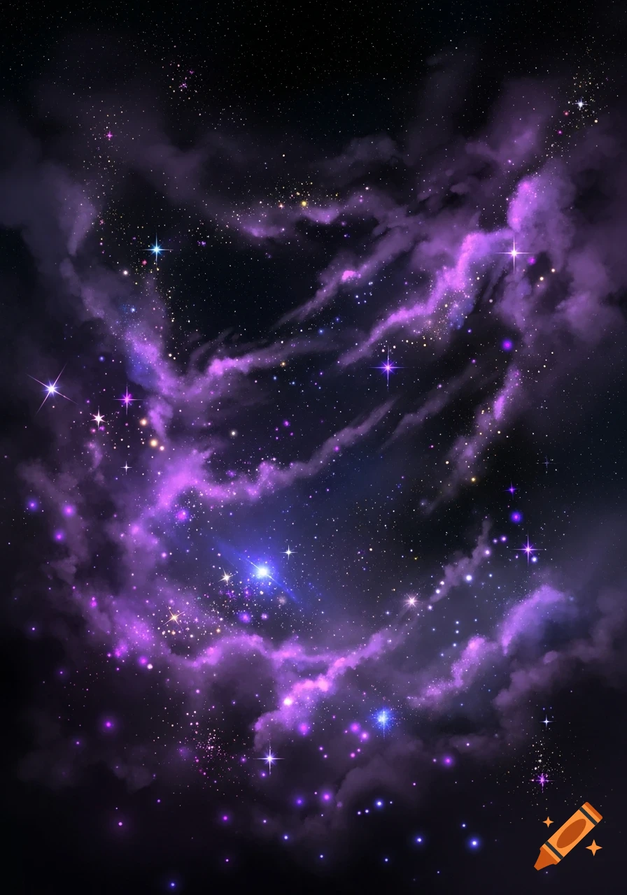 Vibrant purple and black space scene filled with swirling nebulae, countless stars, and sparkling lights.