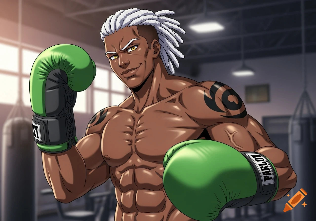 Anime-style muscular Black man with white dreadlocks, yellow eyes, green boxing gloves, and tribal tattoos, smiling in a gym.