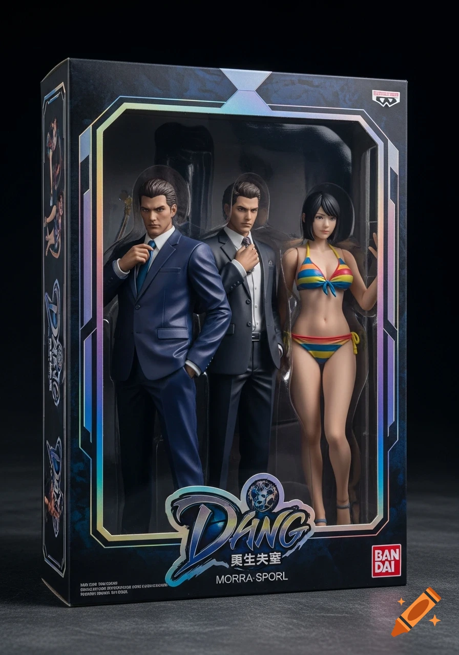 A product box displays three action figures: two men in dark suits and a woman in a colorful striped bikini.