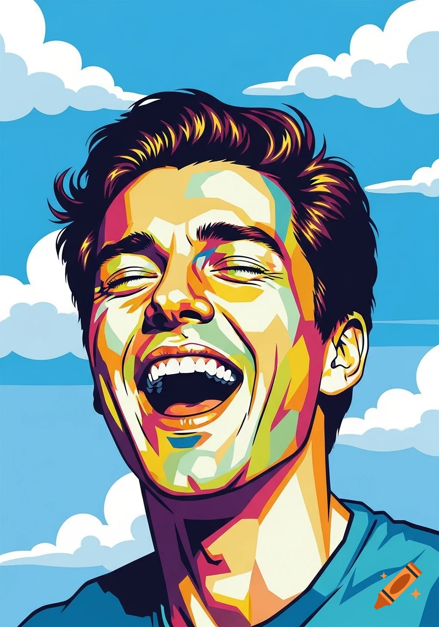 Vibrant pop art portrait of a man with closed eyes and wide-open mouth, laughing joyfully against a blue sky with clouds.