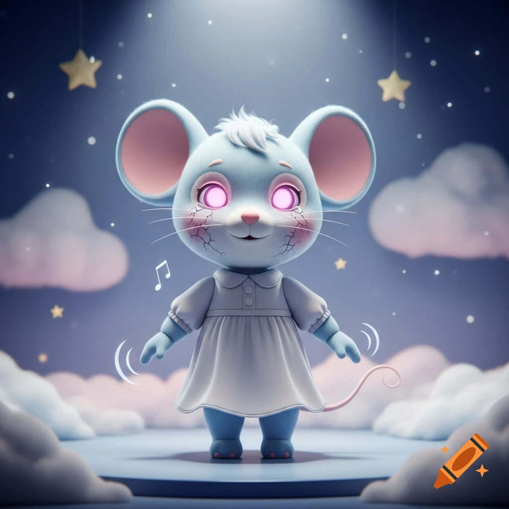 A cute, pale blue animatronic mouse in a white dress with glowing pink eyes and crack details, surrounded by stars and clouds.