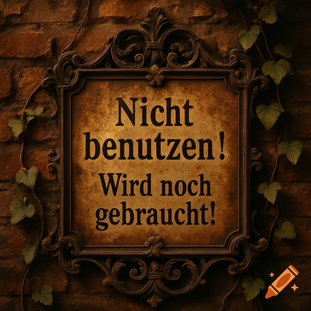 An ornate, rustic wooden sign on a brick wall with ivy, displaying the German text 'Nicht benutzen! Wird noch gebraucht!'