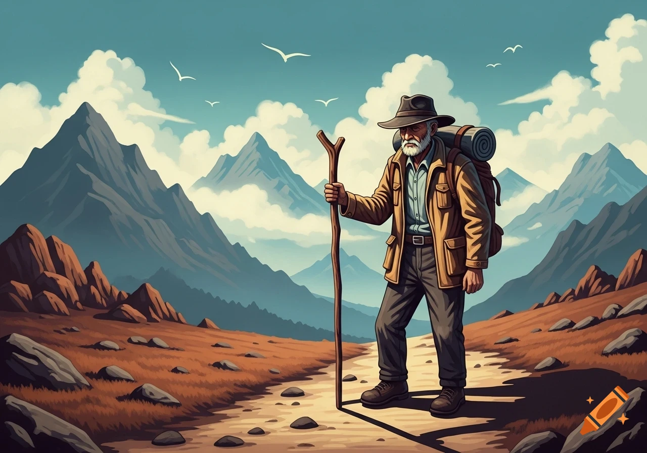 A stylized illustration of a bearded hiker with a walking stick and backpack on a trail, surrounded by vast mountains under a blue sky.