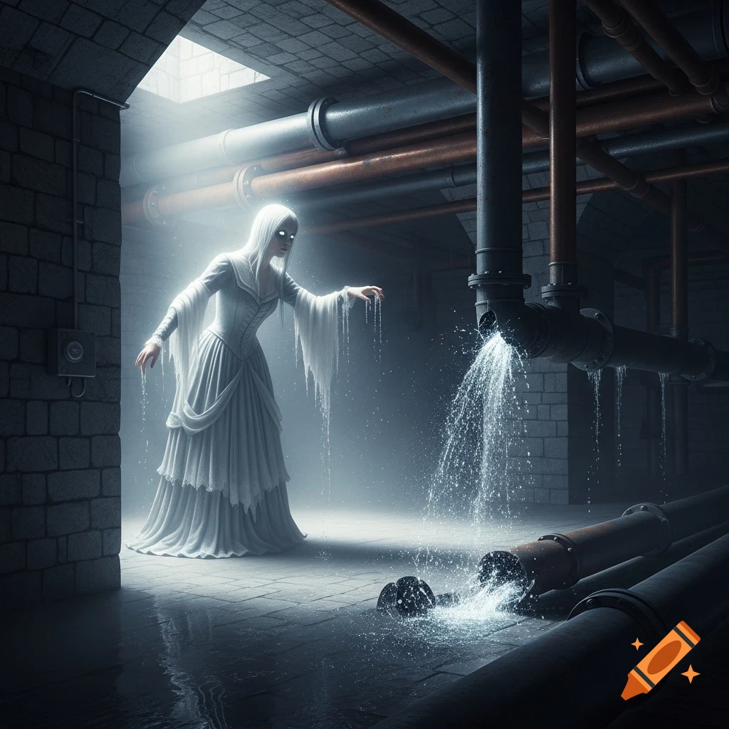 A ghostly figure with glowing eyes stands in a dark, misty pipe-filled basement as water leaks from broken pipes, creating puddles on the floor.