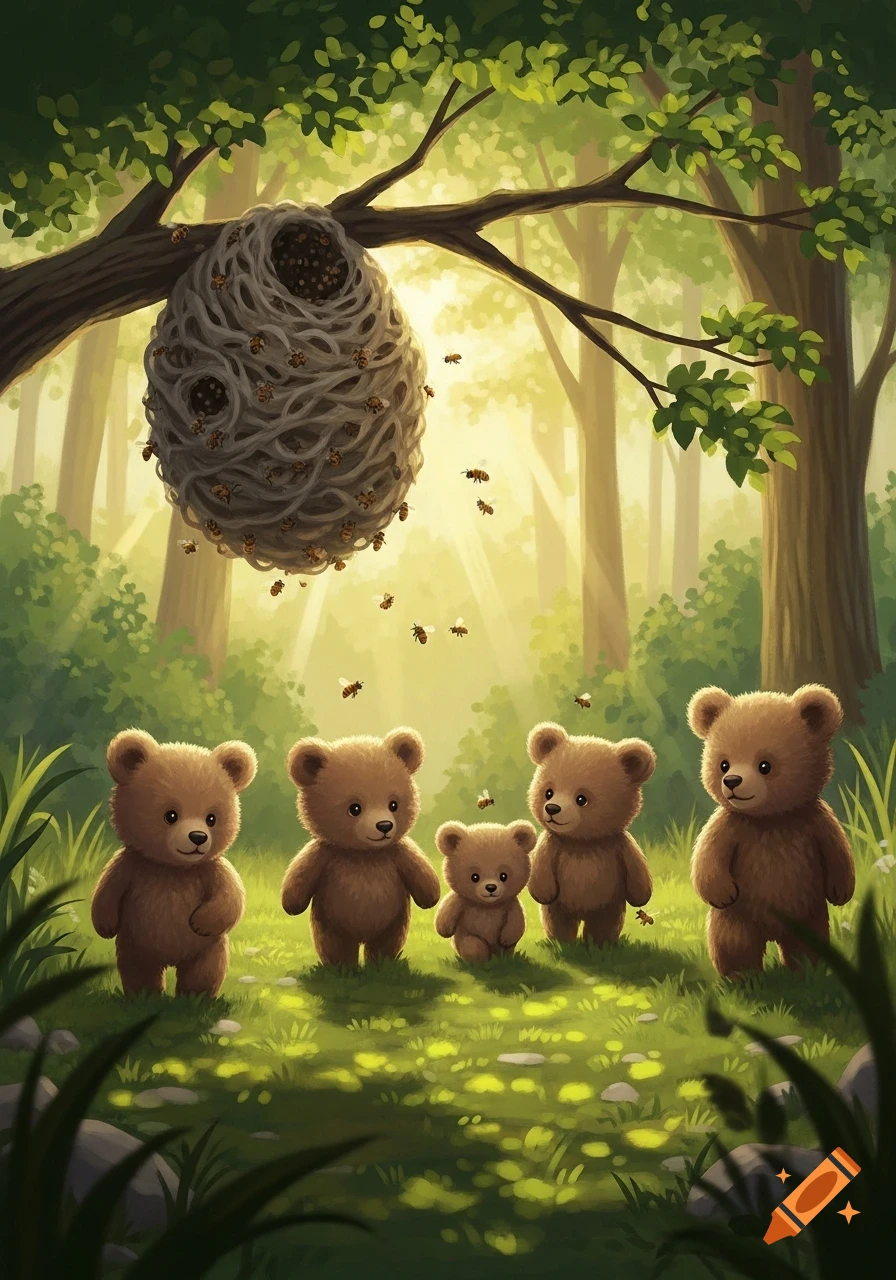 Five cute bears stand in a sunny forest clearing below a beehive with bees flying around, in an illustration style.