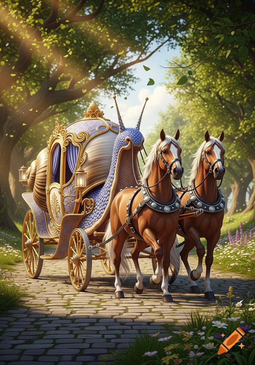 A whimsical snail shell carriage with ornate gold and purple details, pulled by two brown horses along a cobblestone path in a sunny forest.