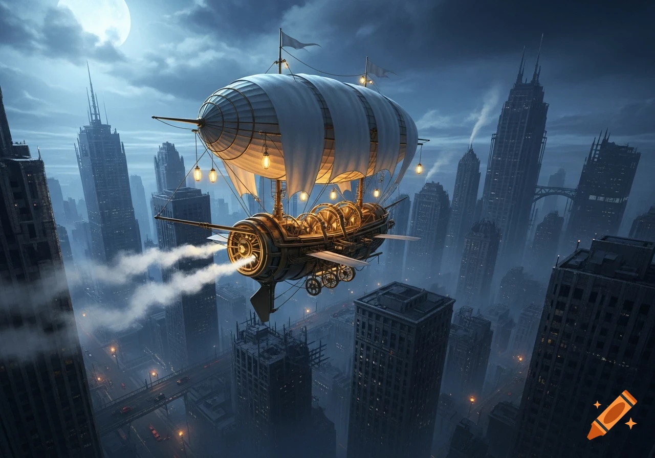 A detailed steampunk airship with glowing lanterns flies over a dark ...
