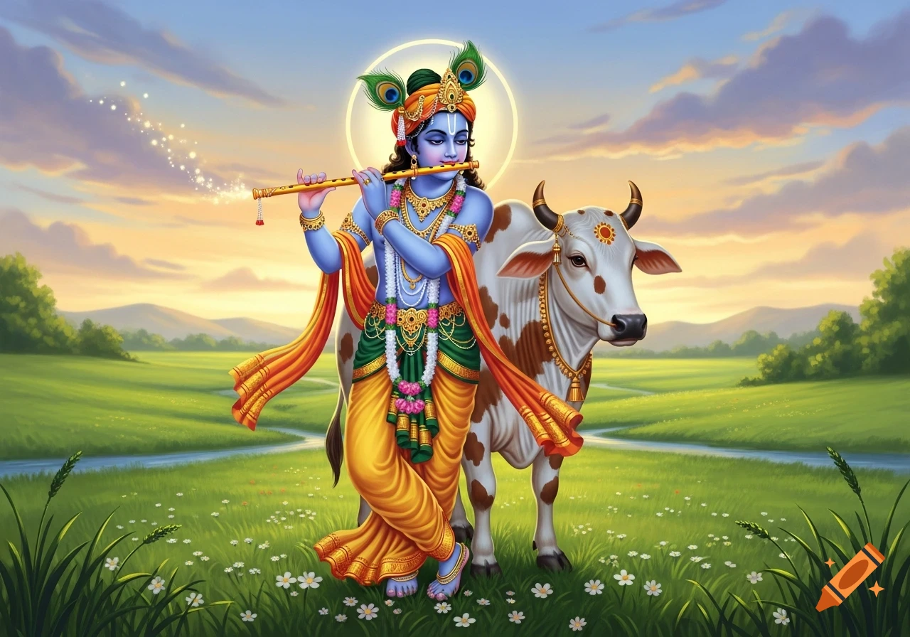 Lord Krishna, with blue skin and adorned in gold, plays a flute next to a white and brown cow in a lush green meadow under a sunset sky.