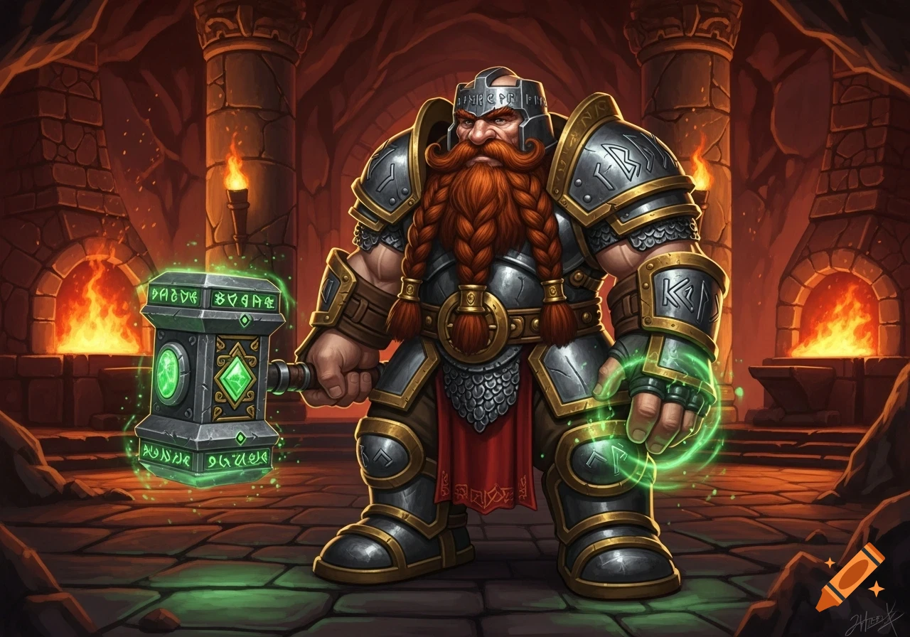 A strong, armored fantasy dwarf with a red braided beard holds a glowing green runic hammer in a torchlit dungeon forge.