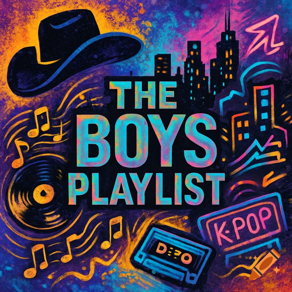 Vibrant, neon-style album art for 'The Boys Playlist' with a cowboy hat, cityscape, vinyl, cassette, musical notes, and 'K-POP' text.