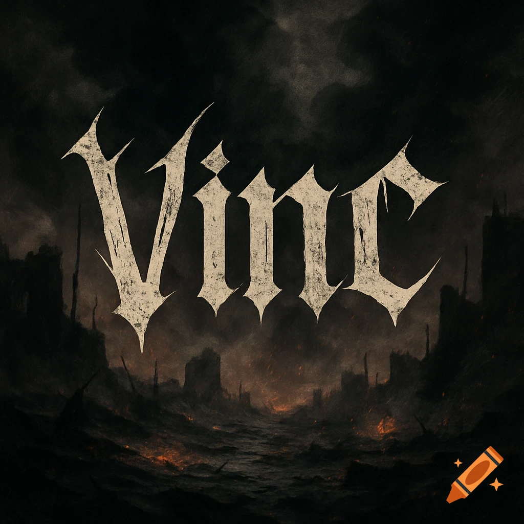 A grungy, gothic style text "Vinc" in light gray on a dark, apocalyptic background with ruins, smoke, and fires on a rough sea.