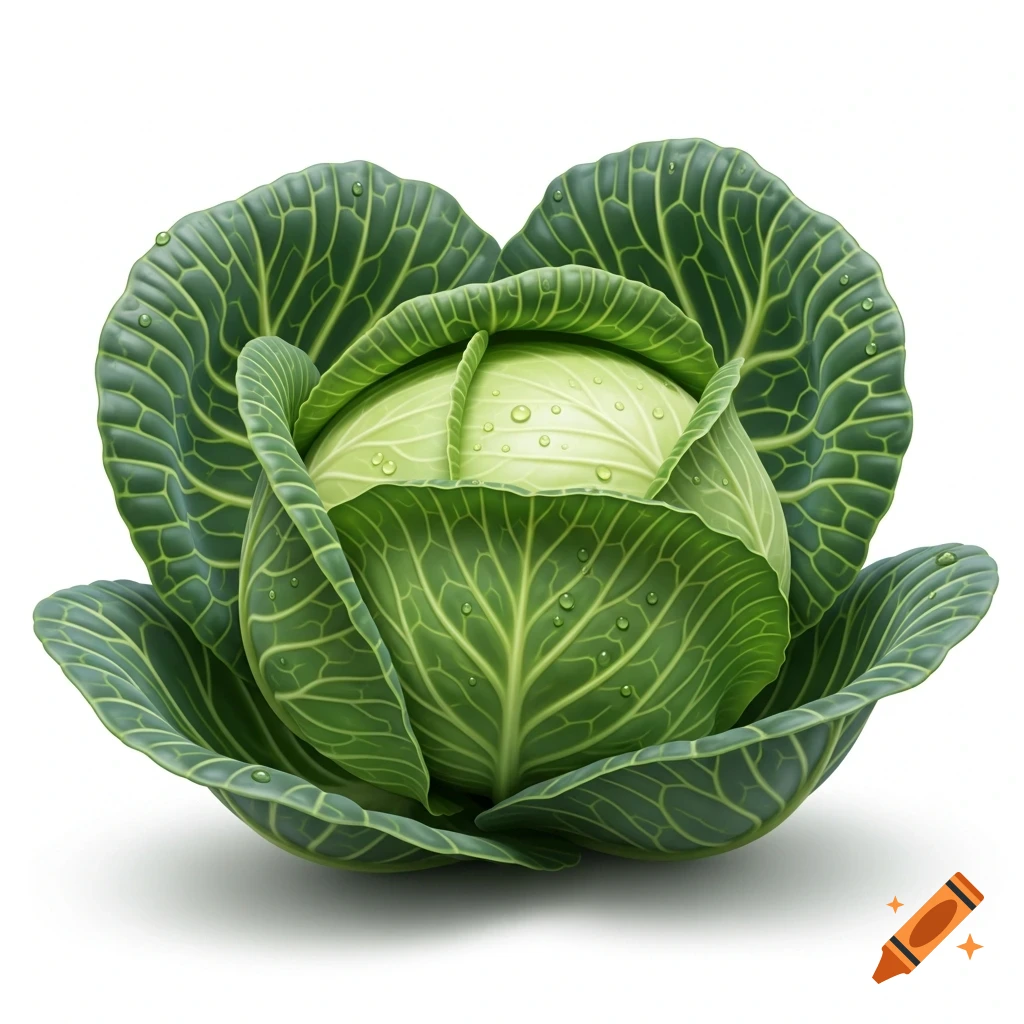 A fresh, vibrant green cabbage with water droplets on its leaves, set against a clean white background.