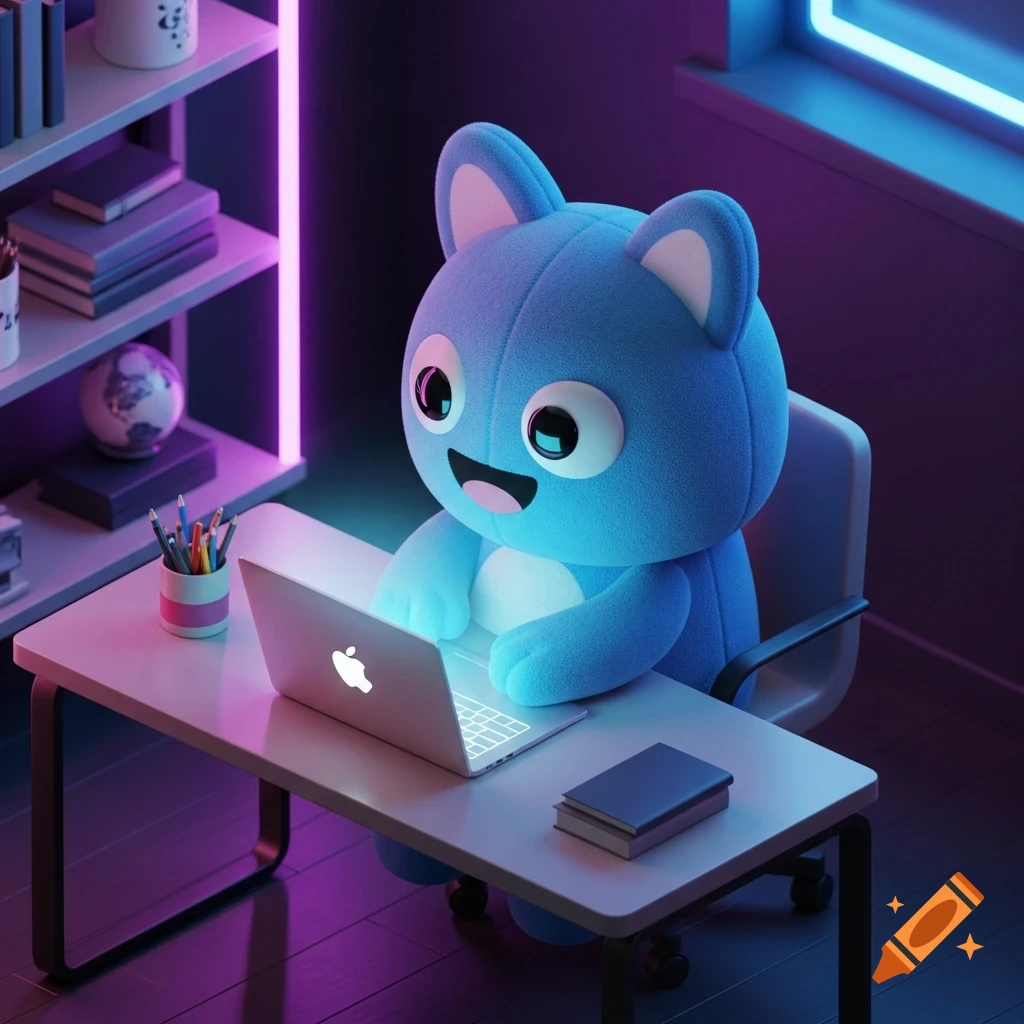 A cute blue cat mascot works on a glowing laptop at a white desk in a dark room with neon blue and purple lights.