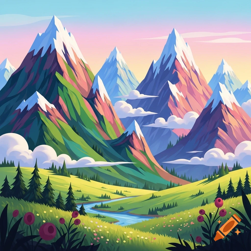 A vibrant, stylized animation background of a colorful mountainscape with a winding river, green fields, and white clouds under a pastel sky.