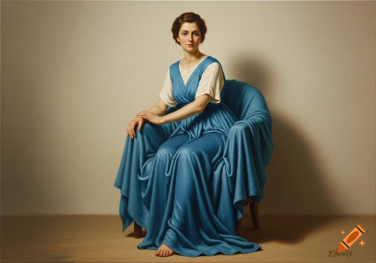 A classical oil painting of a woman in a flowing blue dress sitting on a chair.