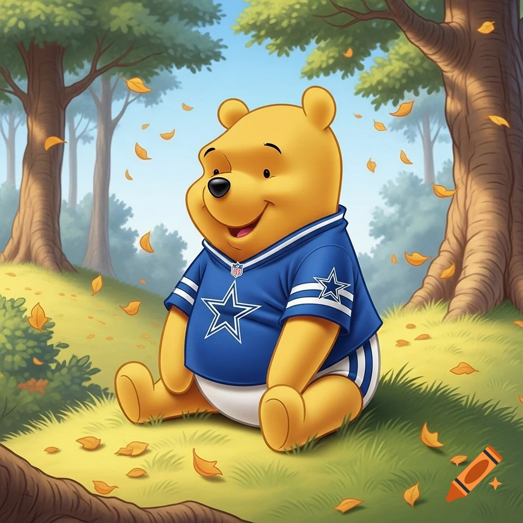 Cartoon illustration of Winnie the Pooh sitting in a forest, wearing a blue Dallas Cowboys football jersey.