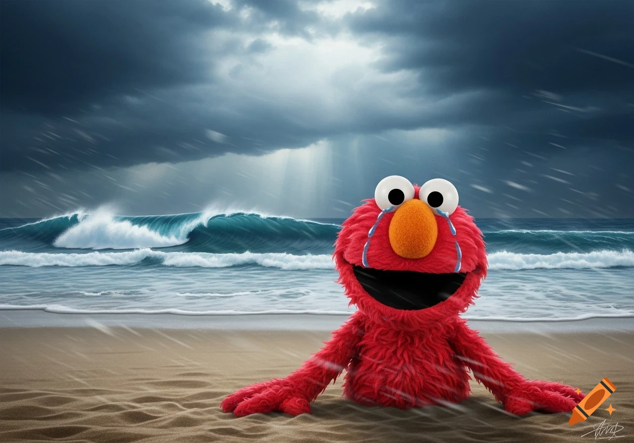 Crying Elmo sits on a sandy beach with large waves crashing under a dark, stormy sky with rain falling.