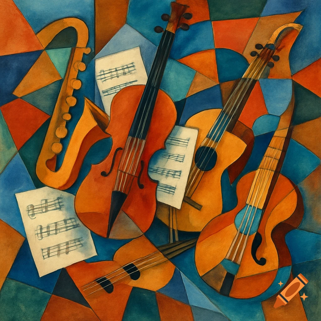 Cubist painting of violins, a saxophone, and guitars with sheet music, featuring bold geometric shapes in orange and blue tones.