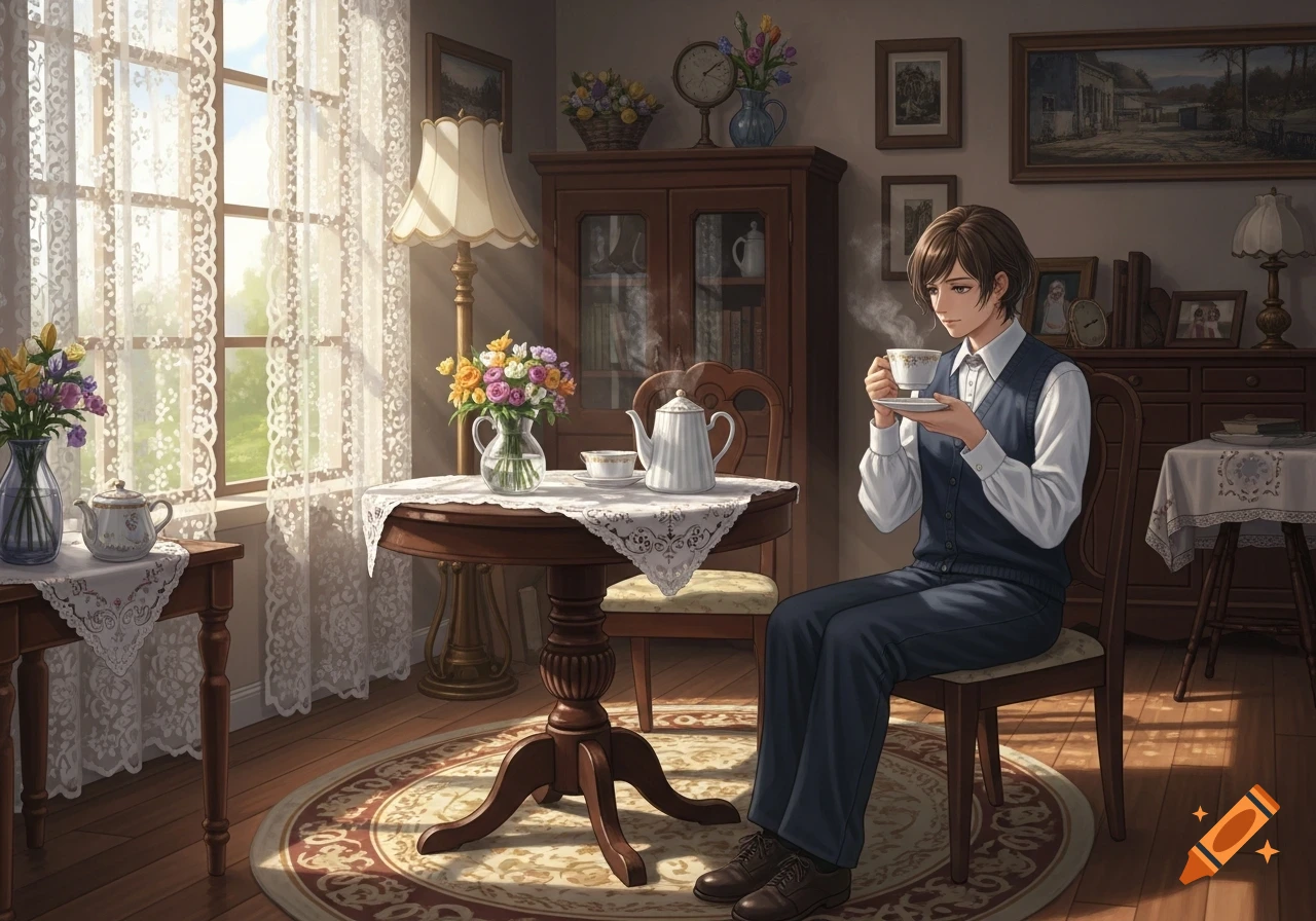 An anime-style young man sips tea in a sunlit, cozy vintage room with lace curtains, flowers, and elegant furniture.