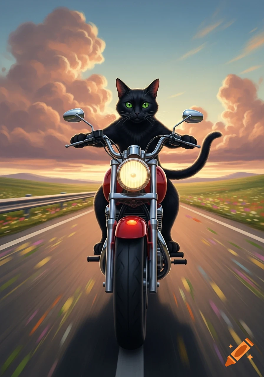 A black cat with vibrant green eyes rides a red motorcycle down an open road at sunset, with motion blur.