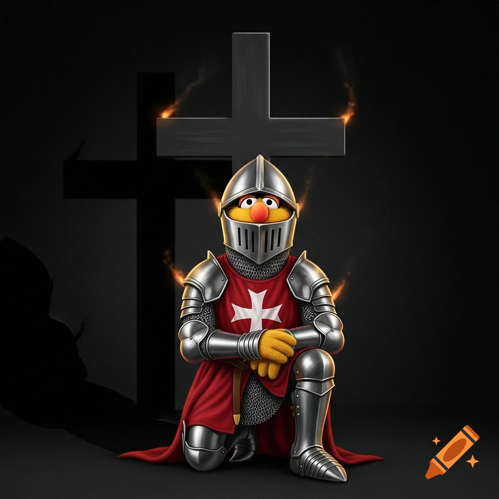 A yellow Muppet in silver knight armor with a red tunic and white cross kneels before two dark crosses, set against a black background.