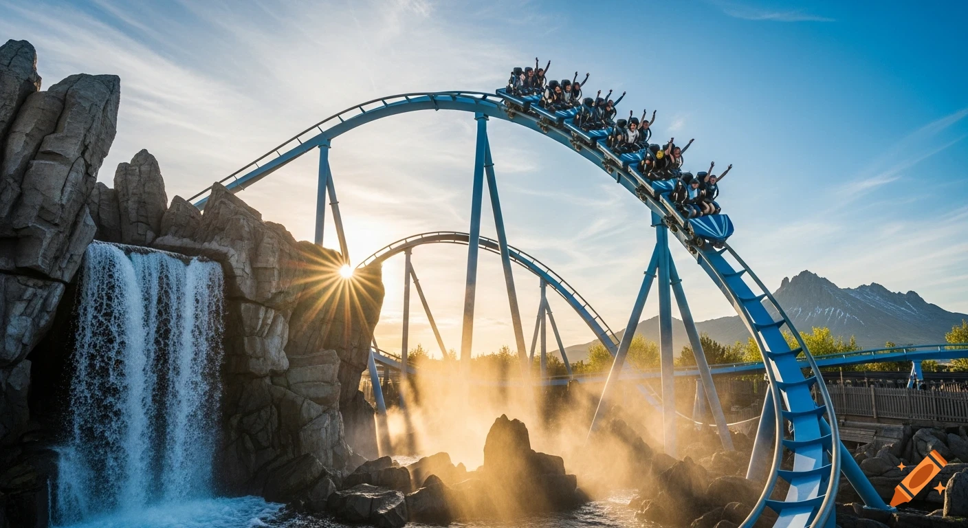Photorealistic roller coaster full of riders speeding down a blue track, passing a waterfall and rocky landscape at golden hour.